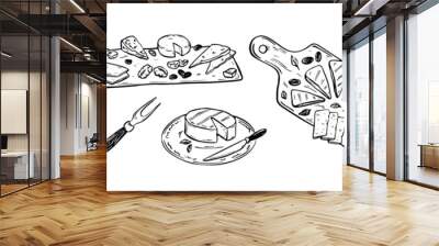 Wine cheese platte. Charcuterie board. Food handwriting drawing in doodle sketch style. Cheddar, parmesan, gouda, brie, gorgonzola slices and pieces. Antipasto appetiser menu Wall mural