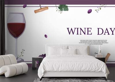 wine day. template for flyer, banner, invitation, advertisement. wine bottle, grapes, corkscrew, leaves, cork. Vector. Cartoon Wall mural