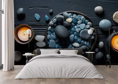 Aroma candles and blue stones in bowl, luxury design for spa hotel, beauty wellness. Mystical candles lit, sea salts. Flat lay. Dark background. Exotic hot stone massage treatment banner Wall mural