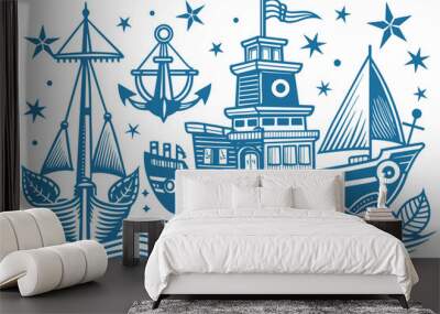 Marine  set with ships, boats and nautical anchors. Vector illustrations in hand drawn style Wall mural