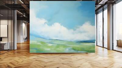 A minimalist landscape painting featuring a serene blue sky with white clouds and a green field Wall mural