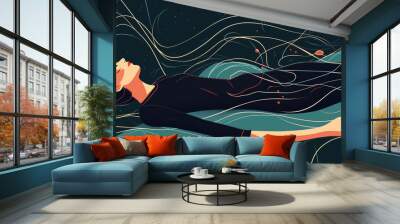 A person lying on their back with arms behind their head, surrounded by a few floating lines representing dreams, minimalist illustrated pictures of people, Wall mural