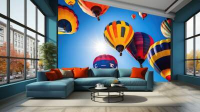 Beautiful hot air balloons flying over sky with sunset view Wall mural