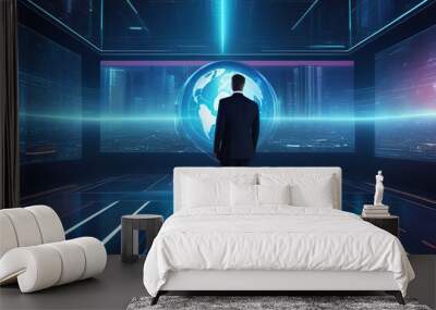 Global hologram, business people and digital transformation with scifi, cyberpunk or information technology light innovation background. Futuristic Wall mural