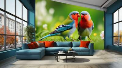 two cute striped lovebirds are walking on the green grass in the Sunny spring garden among flowers Wall mural