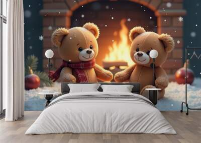 Two cute teddy bears sitting on a snowy surface in front of a warm fireplace, with falling snowflakes Wall mural