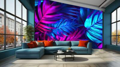 Background with tinted pink and blue palm leaves Wall mural