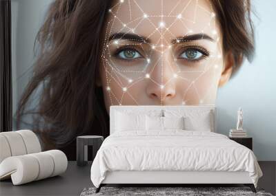 Facial recognition system. Woman with digital biometric grid on light background, beauty artificial intelligence, skin analyse system Wall mural