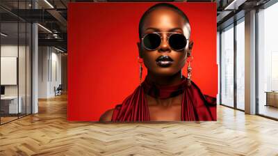 Fashion portrait of a beautiful black woman with short hair and sunglasses on a red background, copy space for text Wall mural