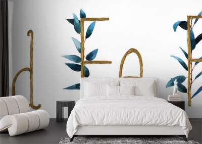 Font alphabet DEF  is made of watercolor and gold leaf letters with a precious paper to cut the shape of the letters. Wall mural