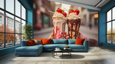 Hands holding two milkshakes, one chocolate and one strawberry, street background Wall mural