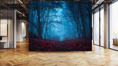 Fairy Forest. Mystical atmosphere. Paranormal another world. Stranger forest in a fog. Dark scary park with red leaves. Background for wallpaper. Wall mural