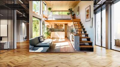 Living room with couch and stairs in a tiny house Wall mural