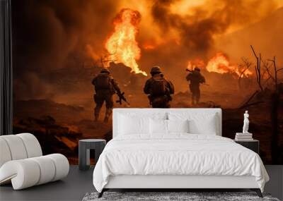 Military soldiers with weapons run on fire during the war Wall mural