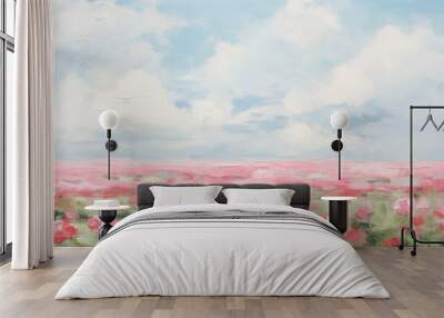 Minimalist landscape painting of a pink flower field, set against a backdrop of a blue sky Wall mural