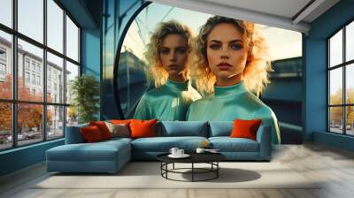 Surreal portrait of a woman in futuristic clothes and her reflection in the mirror Wall mural