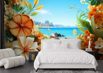 Tropical summer background with flowers and sea Wall mural