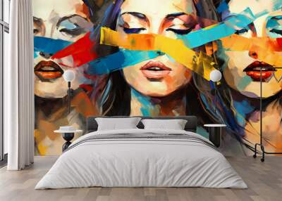 Vibrant art painting of three women with closed eyes Wall mural