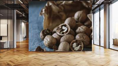 Walnuts on the table in craft bag Wall mural