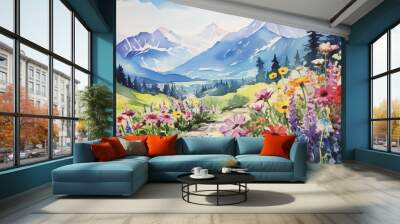 Watercolor painting of a vibrant mountain landscape with wildflowers in the foreground Wall mural