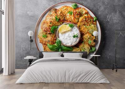 Zucchini pancakes with herbs and sour cream on a plate and gray background top view. Vegetarian dish Wall mural