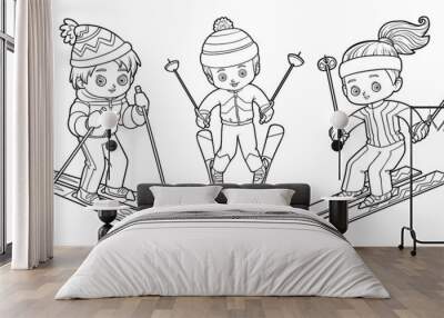 Coloring book, set of skiers. Black and white set of sports kids Wall mural