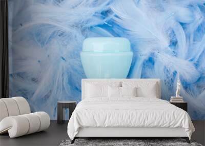 Spa cosmetic product, cream jar, branding mock up, top view on blue feathers background. Flat lay Wall mural