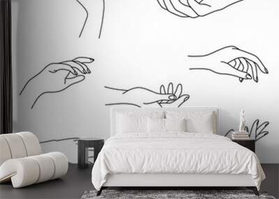 Woman's hand collection line. Vector Illustration of female hands of different gestures - victory, okay. Lineart in a trendy minimalist style. Logo design, hand cream, nail Studio, posters, cards. Wall mural