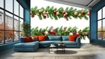  Christmas background with fir branches and balls on white Wall mural