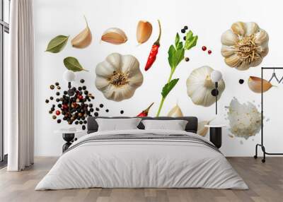 Set of garlic and peppers, chilli isolated on white Wall mural