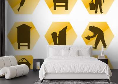 Beekeeping vector background tool set and beekeepers icons illus Wall mural