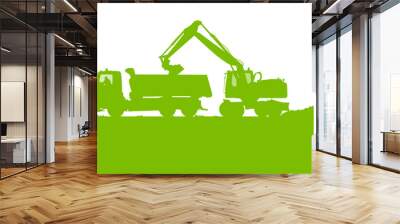 Excavator loader tractor digging at industrial construction site Wall mural