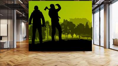 logger woodcutter with ax in wild mountain forest nature landsca Wall mural