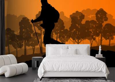 Man hiker Nordic walking with poles vector background forest mou Wall mural