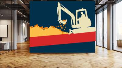 Mini excavator with worker inside cabin working in construction site vector Wall mural