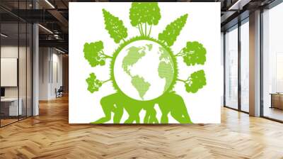 People holding ecology planet with forest around it vector backg Wall mural