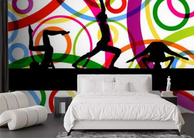 Women gymnastic exercises fitness illustration colorful line bac Wall mural