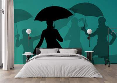 Women umbrella and raincoat silhouettes abstract seasonal outdoo Wall mural