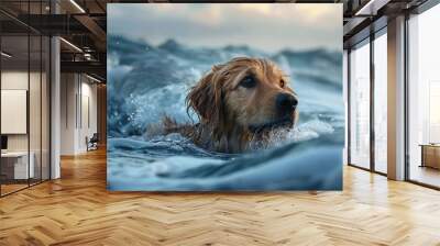 a dog swimming in the ocean with the sky in the background Wall mural