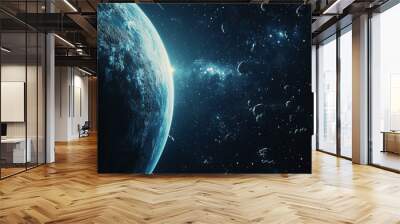 Abstract dark background with asteroids and a planet Wall mural