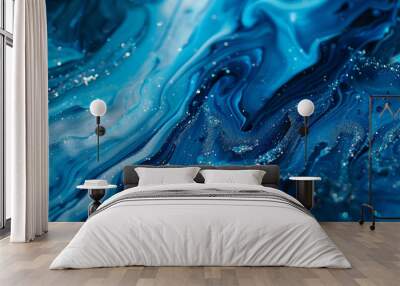 Beautiful wavy liquid dark blue marble background with glitter. Digital marbling Wall mural