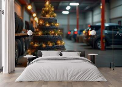 Christmas tree made of tires, decorated with a garland with lights on the background of a car repair shop or tire station, copy space, red, grey Wall mural