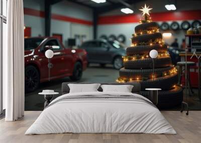 Christmas tree made of tires, decorated with a garland with lights on the background of a car repair shop or tire station, copy space, red Wall mural