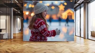 Girl in red and green ornament Christmas sweater skating on ice rink on Christmas or vacation, lights garland, holiday atmosphere, copy space Wall mural