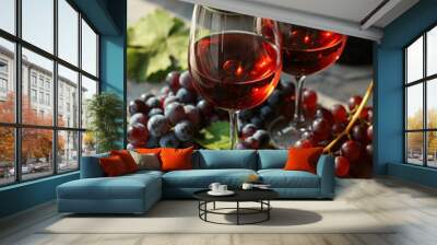 glasses with red wine on a wooden barrel in the vineyard. Wide photo Wall mural