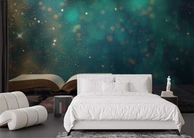 Magic Book With Open Antique Pages And Abstract Bokeh Lights Glowing In Dark Background Wall mural