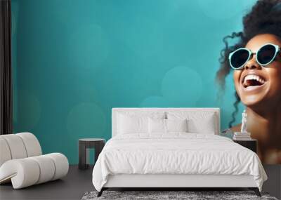 Young black woman wearing sunglasses over blue background, generative AI tool  Wall mural