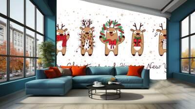 Christmas deers. Merry christmas and Happy New Year, funny holiday banner. Vector illustration. Wall mural