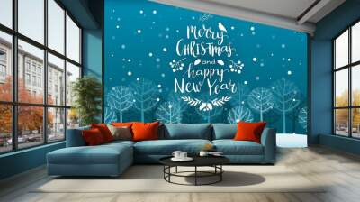 Merry Christmas and Happy New Year Lettering on background with winter landscape. Silhouettes of trees in a fairy forest under a snowfall. Holiday vector illustration. Wall mural