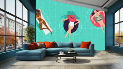 Young girls floating on inflatable rings and air mattresses in blue pool water. Top aerial view. Vector banner, poster illustration design. Wall mural